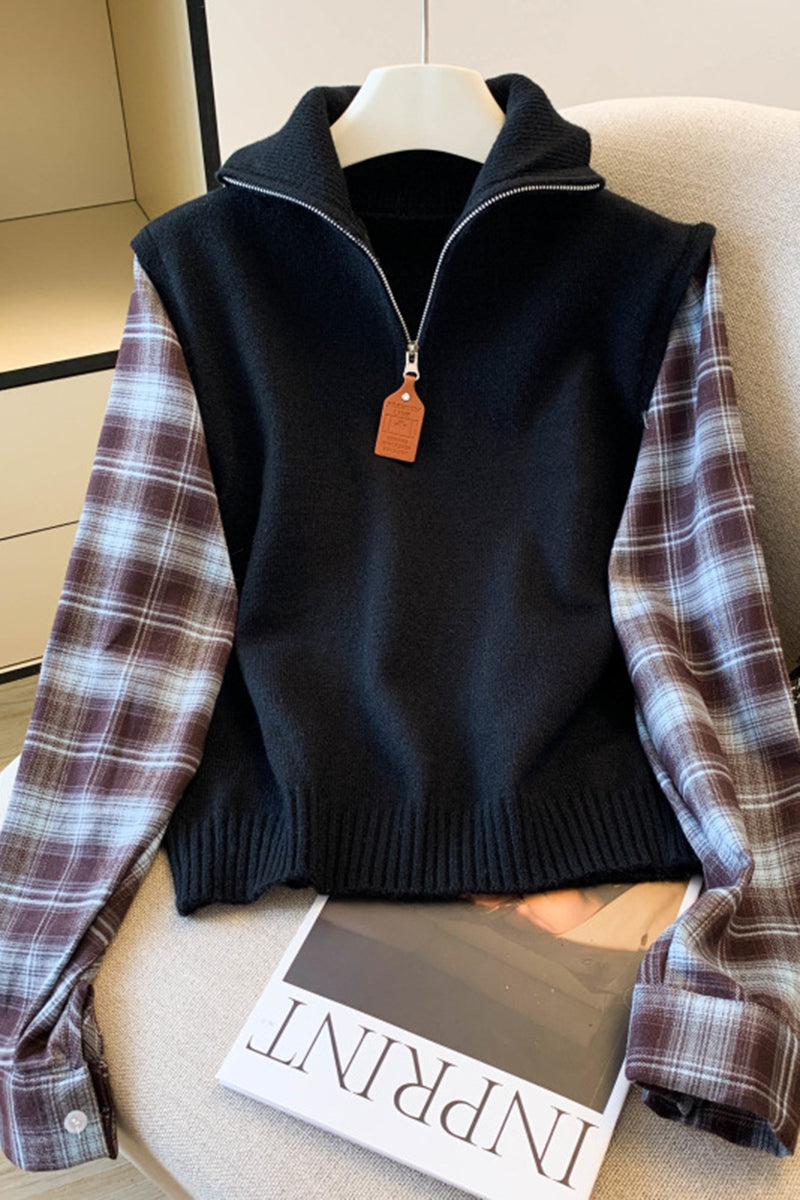 Zip-Up Plaid Patchwork Sweatshirt