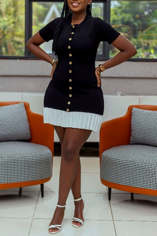 Buttoned Short Sleeve Pleated Hem Dress
