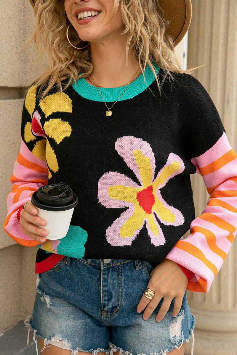 Floral Patterned Crew Neck Sweater