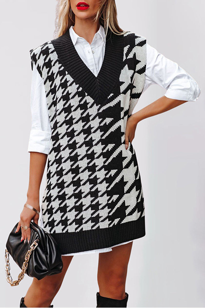Houndstooth Sweater Vest with Deep V-Neck
