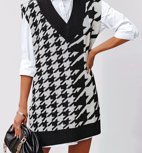 Houndstooth Sweater Vest with Deep V-Neck