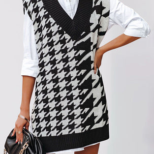 Houndstooth Sweater Vest with Deep V-Neck