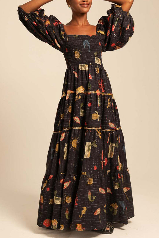 Printed Tiered Puff Sleeve Maxi Dress
