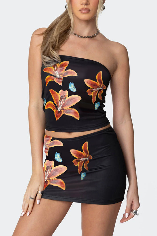 Floral Print Strapless Skirt Set