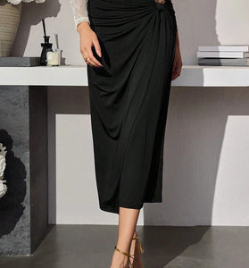 Elegant Ruched Midi Skirt with Floral Detail