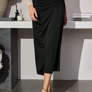Elegant Ruched Midi Skirt with Floral Detail