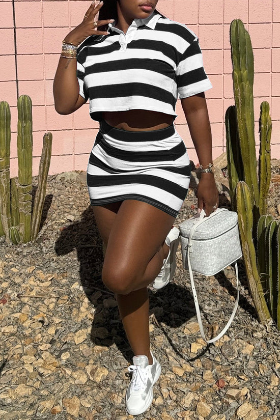 Striped Polo Crop Top and Skirt Set
