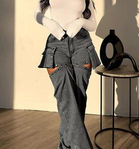 Cutout Pocket Straight Jeans
