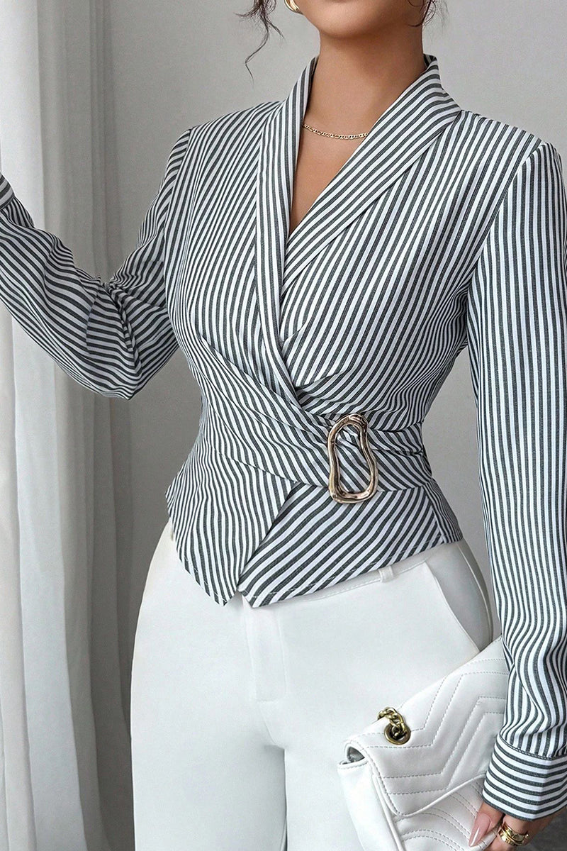 Striped V-Neck Wrap Blouse with Buckle