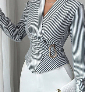 Striped V-Neck Wrap Blouse with Buckle