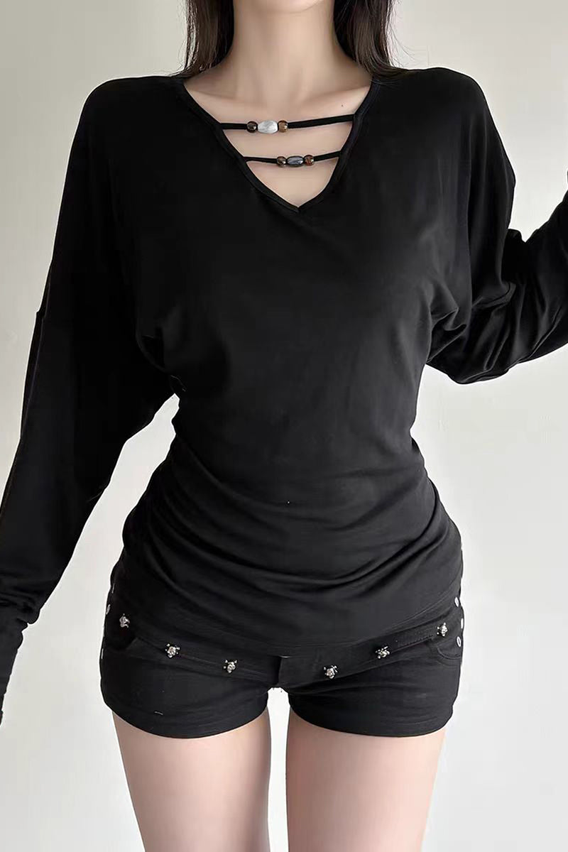 Strappy Neck Long Sleeve Bodycon Top