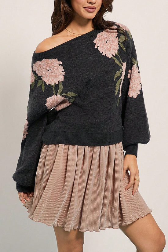 Off-Shoulder Floral Knit Sweater