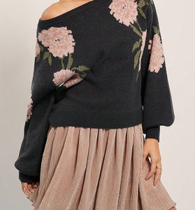 Off-Shoulder Floral Knit Sweater