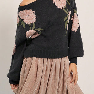 Off-Shoulder Floral Knit Sweater