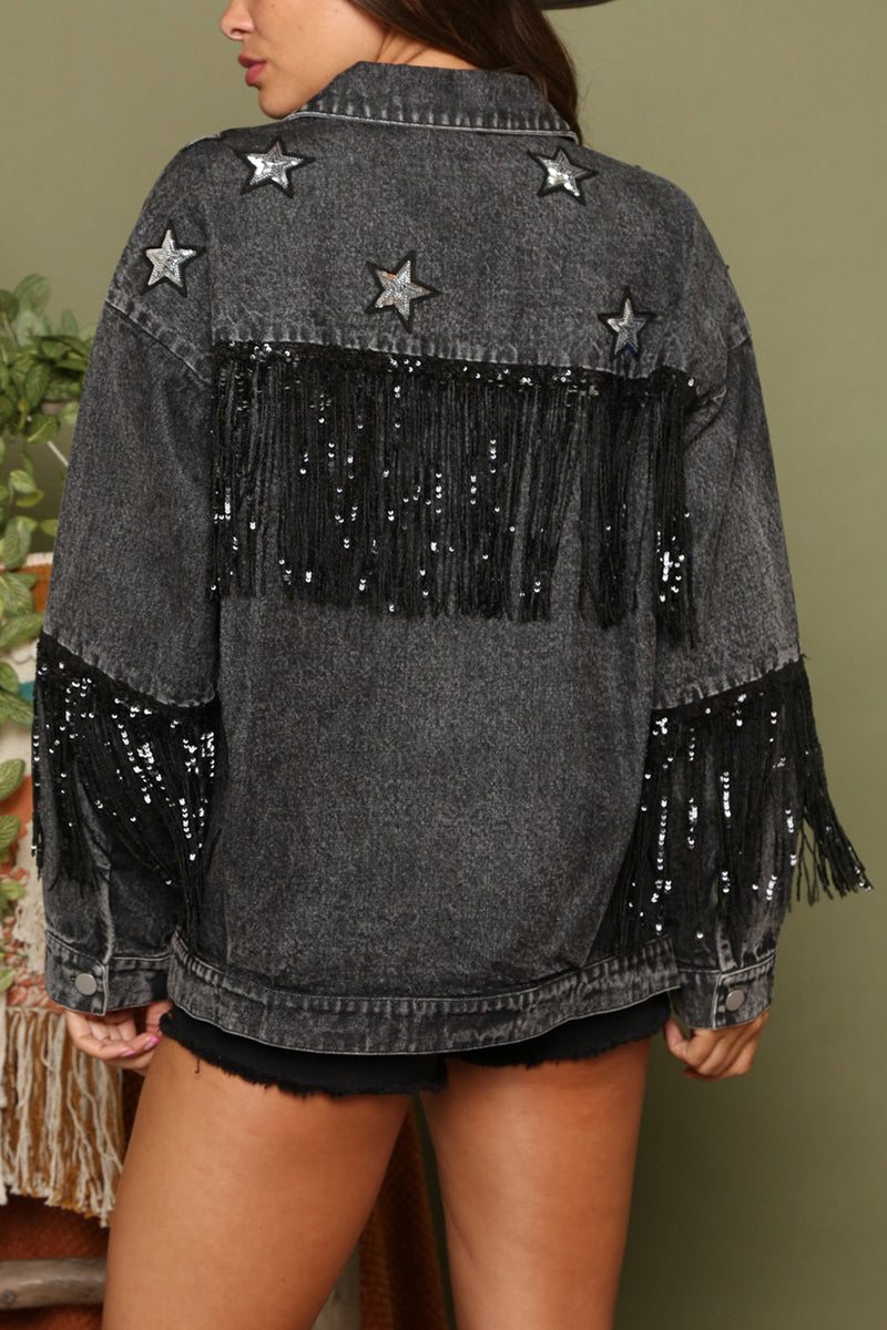 Star Embellished Fringe Denim Jacket