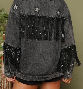 Star Embellished Fringe Denim Jacket