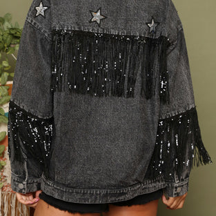 Star Embellished Fringe Denim Jacket