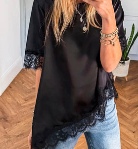 Asymmetric Lace Trim Short Sleeve Top