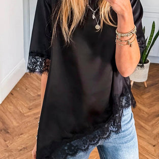 Asymmetric Lace Trim Short Sleeve Top