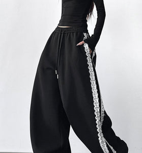 Wide-Leg Lace Trim Casual Pants