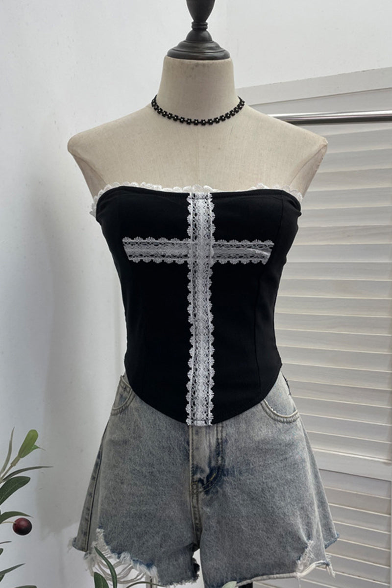 Lace Trim Strapless Corset Top