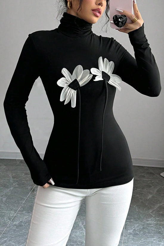 Floral Appliqué Turtleneck Long Sleeve Top