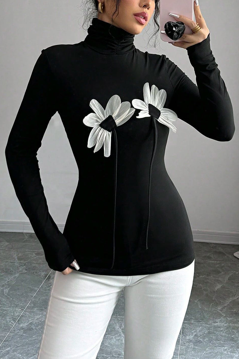 Floral Appliqué Turtleneck Long Sleeve Top