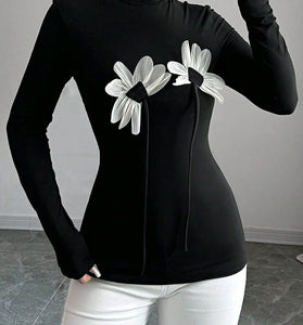 Floral Appliqué Turtleneck Long Sleeve Top