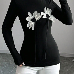 Floral Appliqué Turtleneck Long Sleeve Top