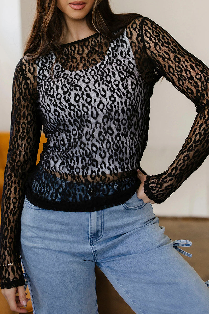 Leopard Pattern Sheer Long Sleeve Top