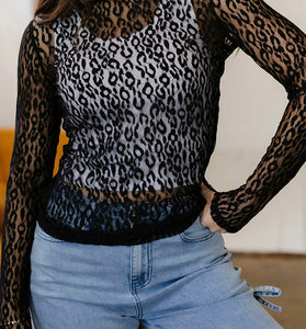 Leopard Pattern Sheer Long Sleeve Top