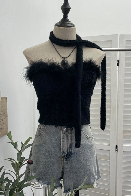 Fuzzy Off-Shoulder Tank Top with Scarf