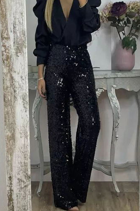 Sparkling Sequin High-Waist Casual Pants