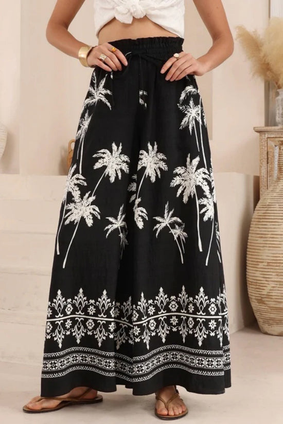Tropical Print Wide-Leg Casual Pants