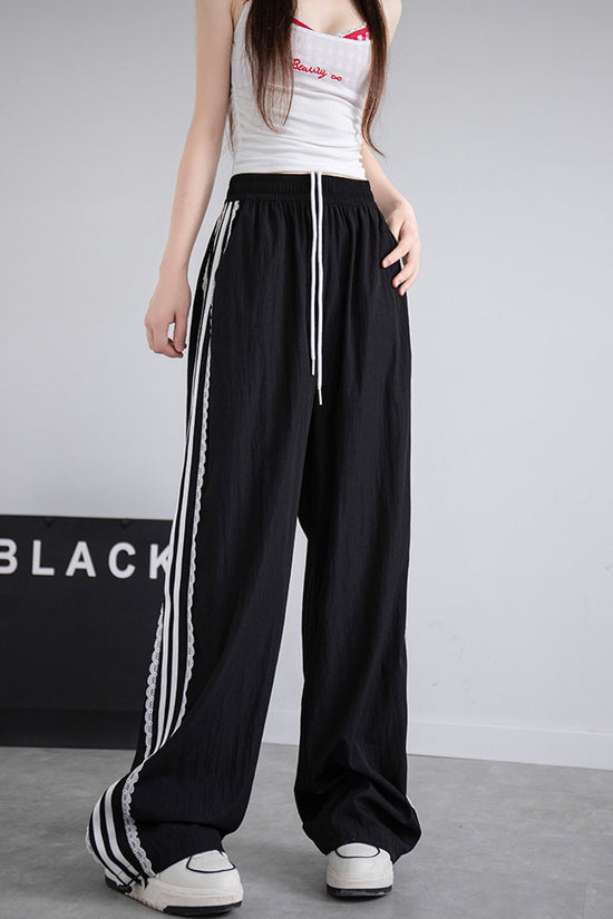 Striped Lace Trim Casual Pants