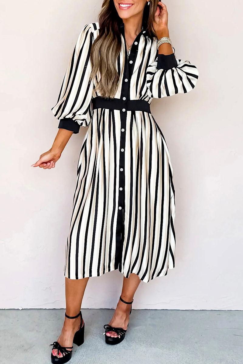 Stripe Puff Sleeve Button Down Midi Dress