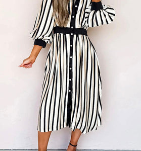 Stripe Puff Sleeve Button Down Midi Dress
