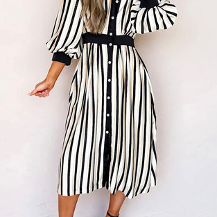 Stripe Puff Sleeve Button Down Midi Dress