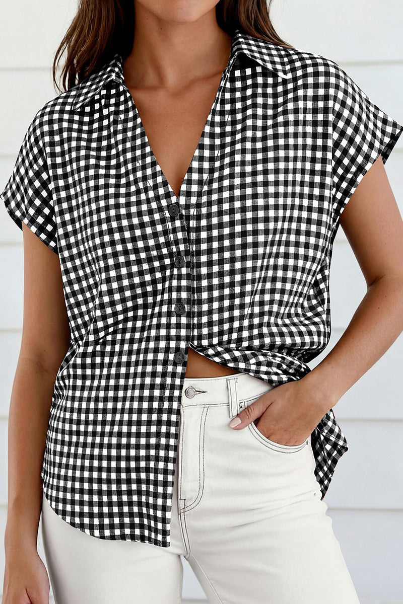 Checkered Tie-Front Short Sleeve Blouse