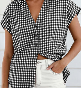 Checkered Tie-Front Short Sleeve Blouse