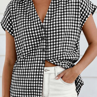 Checkered Tie-Front Short Sleeve Blouse