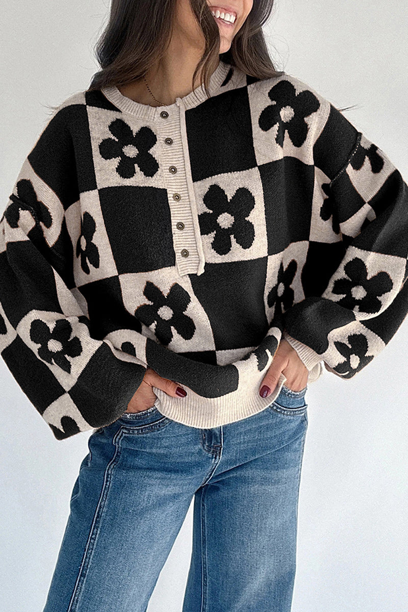 Retro Floral Checker Sweater