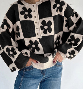 Retro Floral Checker Sweater