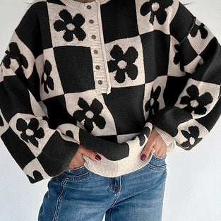 Retro Floral Checker Sweater
