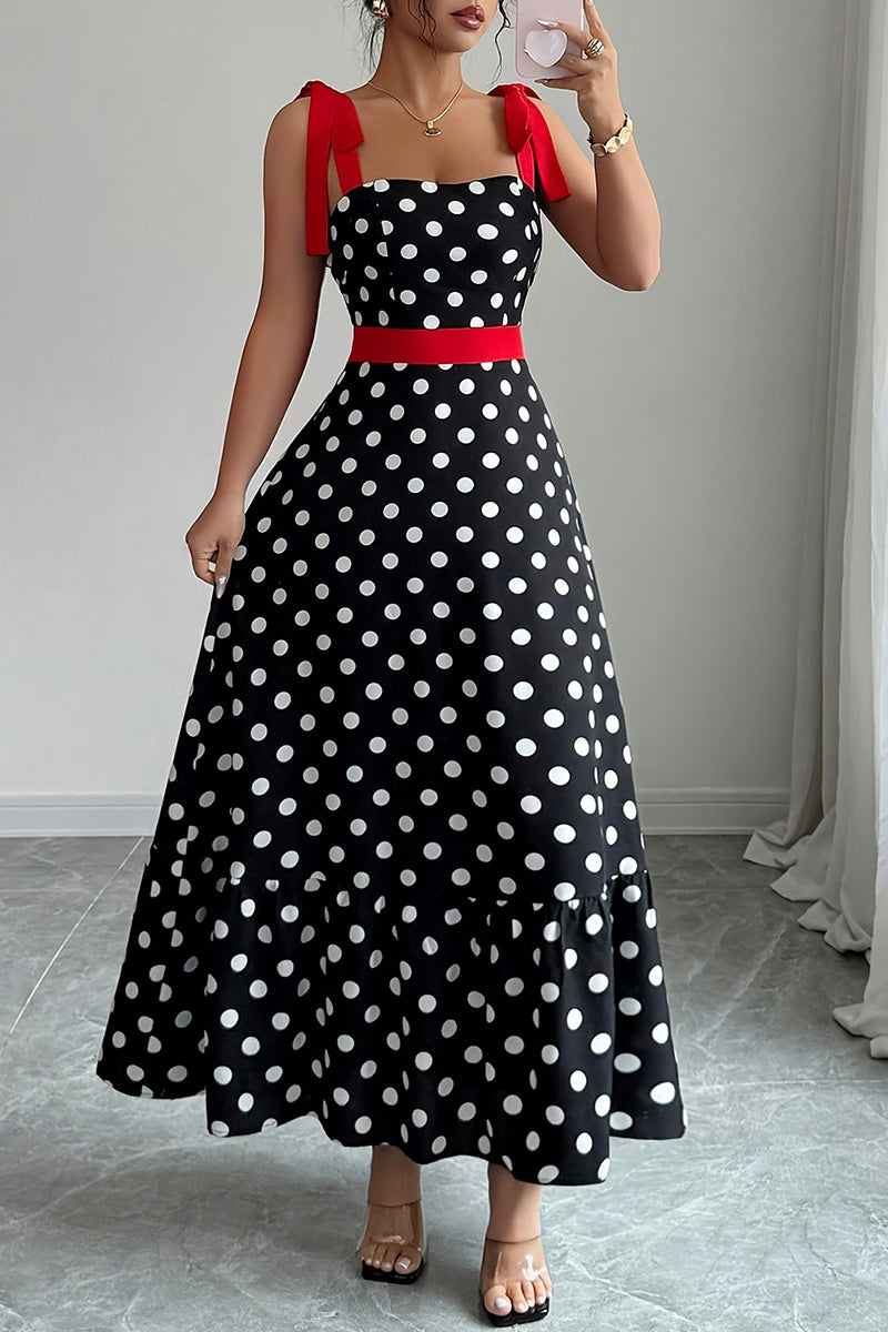 Polka Dot Contrast Trim Tie Shoulder Dress