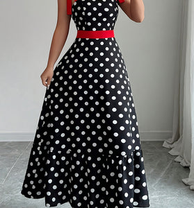 Polka Dot Contrast Trim Tie Shoulder Dress