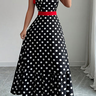 Polka Dot Contrast Trim Tie Shoulder Dress