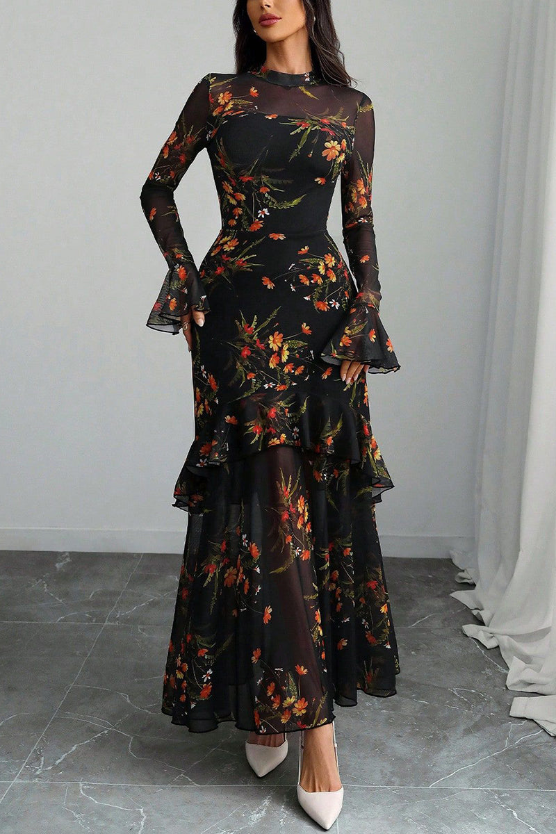 Floral Long Sleeve Layered Dress