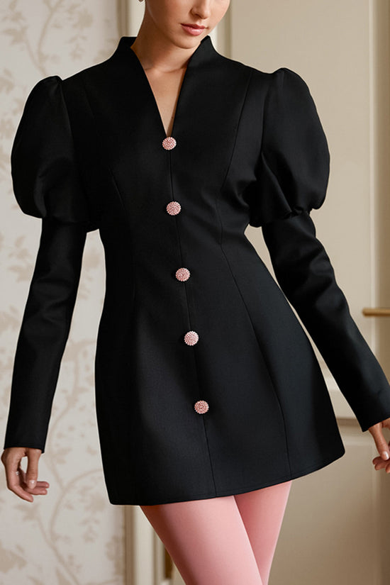 Elegant Puff Sleeve Button Dress