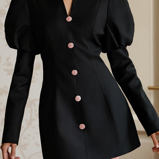 Elegant Puff Sleeve Button Dress